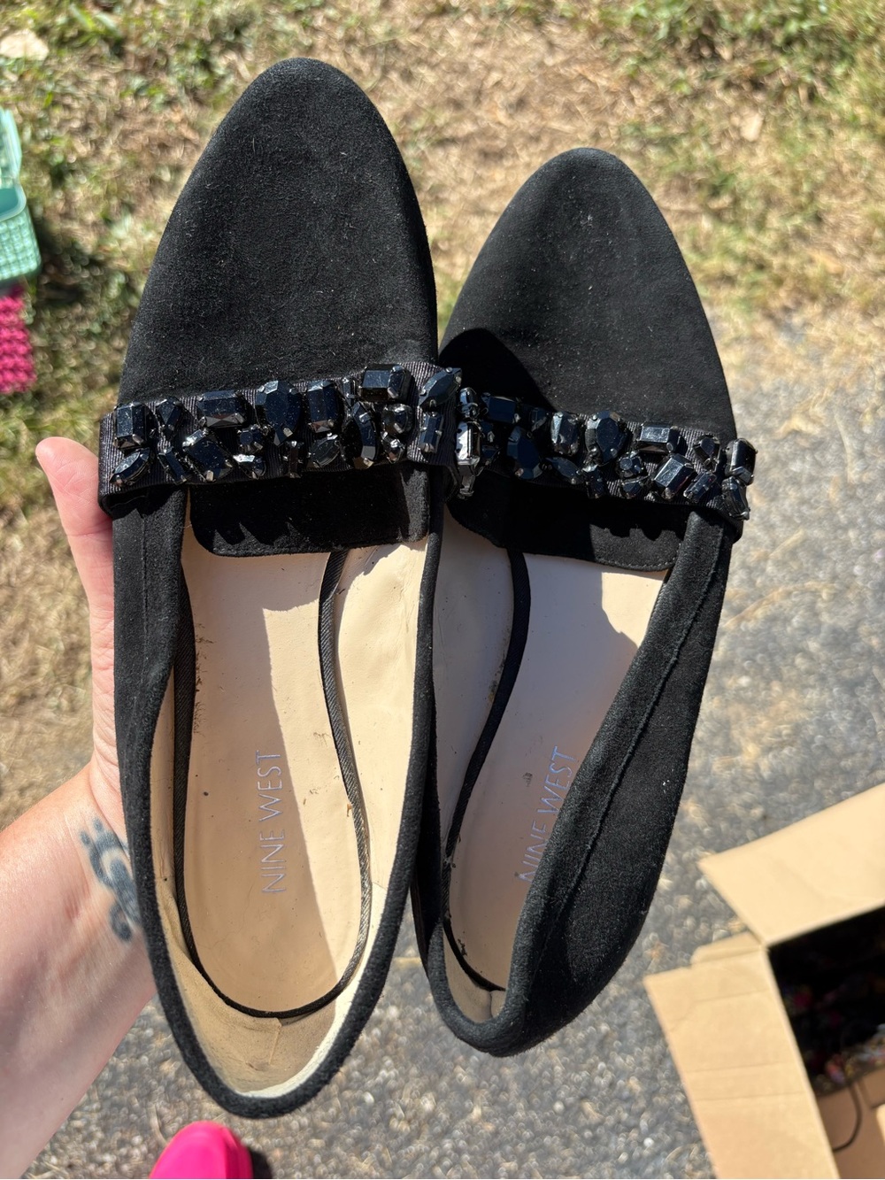 Nine West Black Jeweled Suede Pointed Toe Flats
